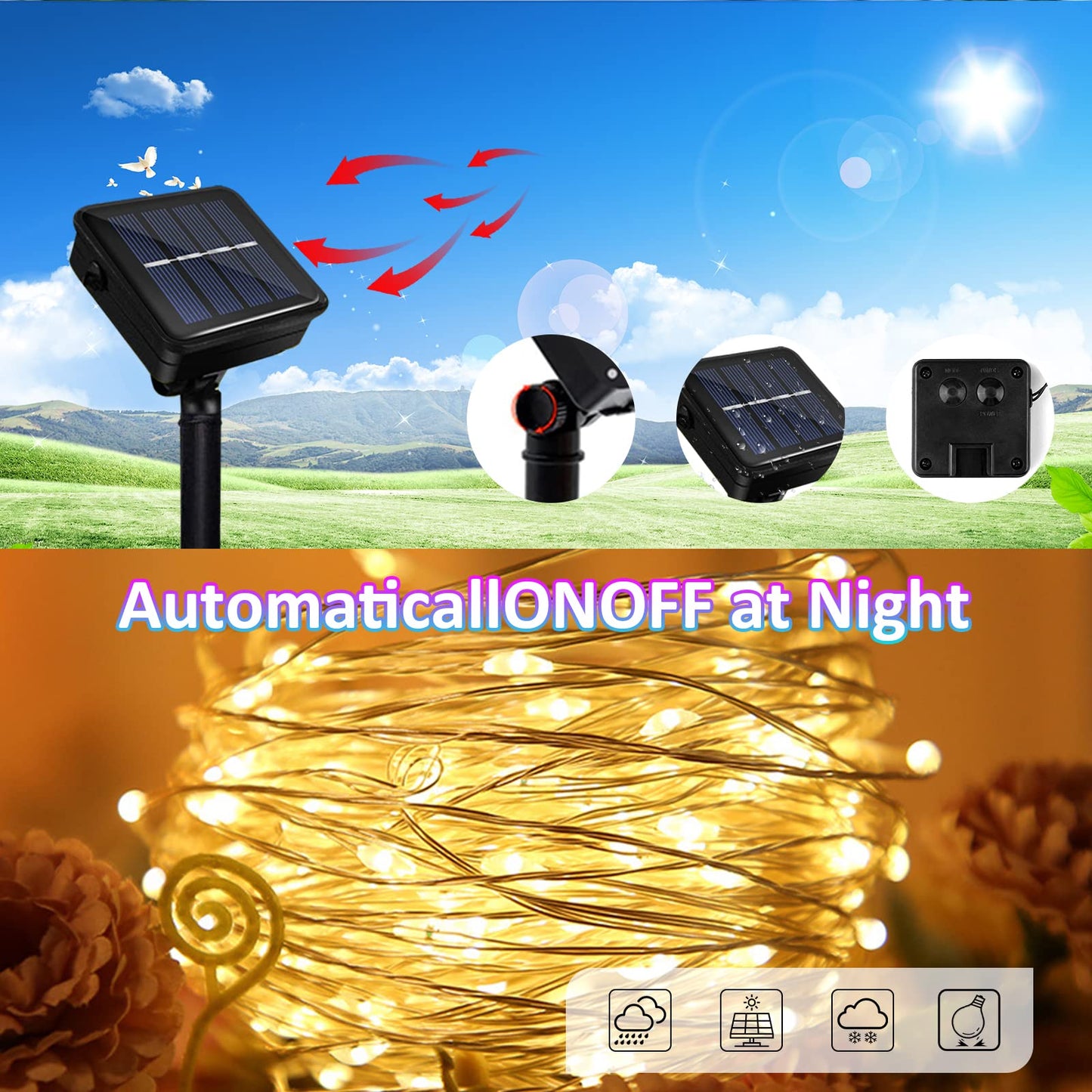 GHONLZIN Guirnaldas Luces Exterior Solar, 2 Paquete 150 Luces LED Solares Exteriores Jardin IP65 Impermeable con 8 Modos de Iluminación, 15M/49Ft Cadena de Luces Decoracion para Navidad,Jardines
