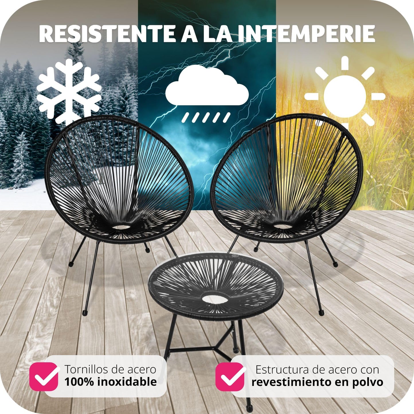 tectake® Conjunto Muebles Jardín Exterior de Acero, Estilo Acapulco, 2 Sillas y 1 Mesa con Cristal, Mesa y Sillas de Terraza Resistentes a Intemperie,Topes en Patas, para Interior y Exterior - negro