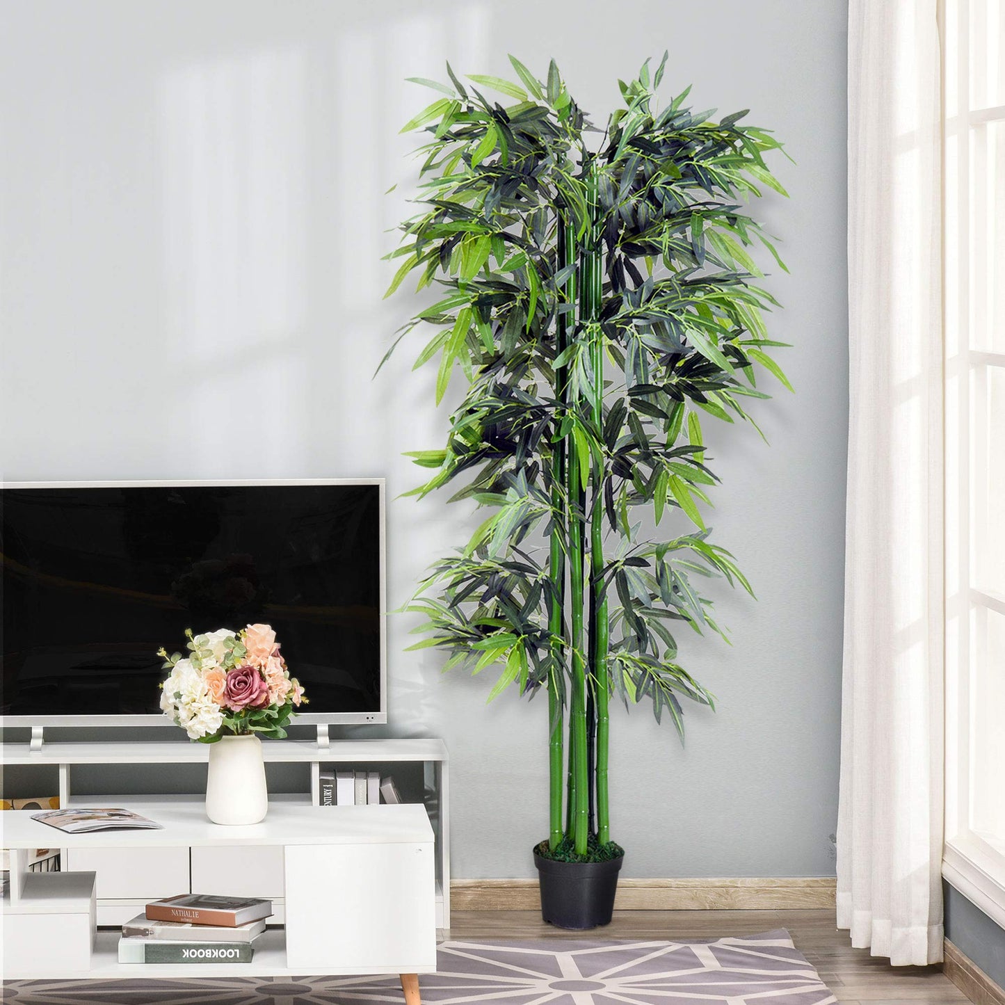 Outsunny Bambú Artificial 180 cm con Cañas Naturales Planta Artificial con Maceta Árbol Decorativo para Hogar Salón Oficina Verde