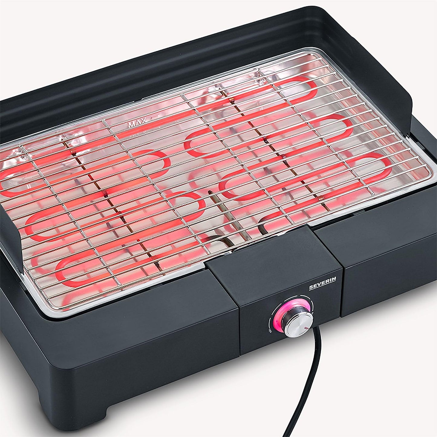 Severin Barbacoa de mesa con parrilla de acero inoxidable para interior y exterior, parrilla eléctrica con arranque rápido, mini barbacoa sin riesgo de quemaduras, negro, PG 8565