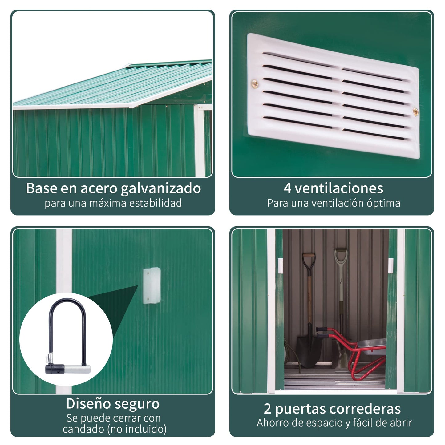 Outsunny Caseta de Jardín con Base 213x130x185 cm Cobertizo Metálico de Exterior para Almacenamiento de Herramientas con 2 Puertas Correderas y 4 Ventanas para Terraza Gris