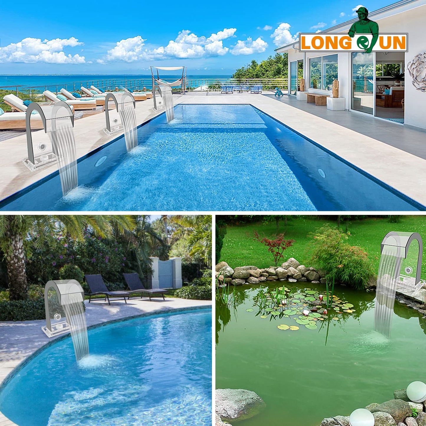 LONGRUN Aliviadero de Cascada en Forma de S Fuente de Piscina acrílica con luz LED Que Cambia de Color, Kit de cascadas de estanques al Aire Libre para Piscina de Patio de jardín - 19x42.5x25cm