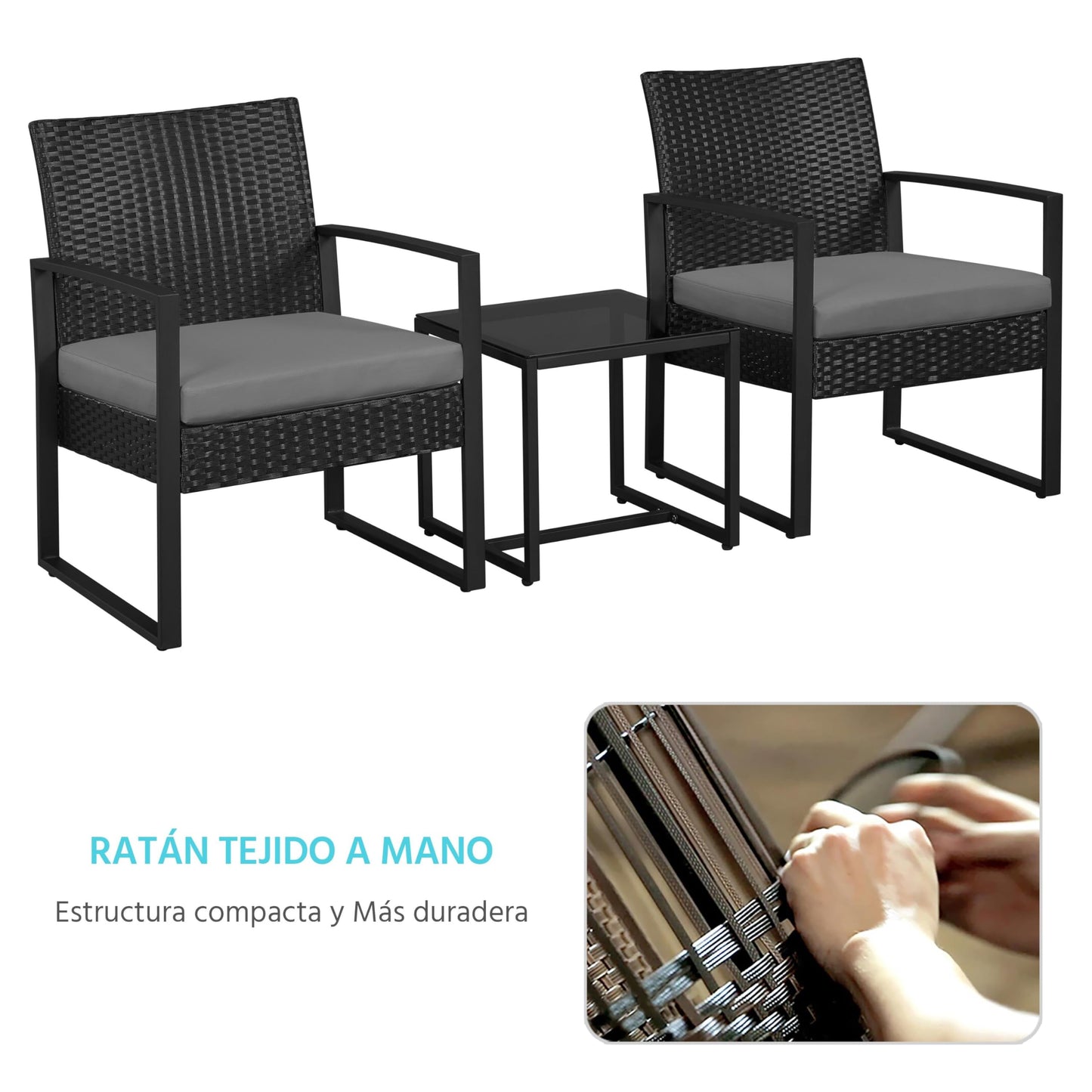 Yaheetech Conjunto de Mesa y Sillas Exterior Juego de Muebles Jardin con Cojines Silla Ratán Impermeable para Terraza Balcón Negro y Gris