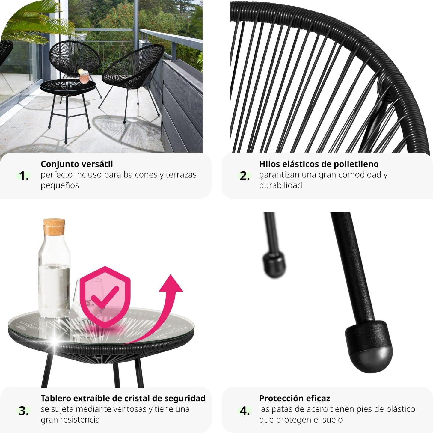 tectake® Conjunto Muebles Jardín Exterior de Acero, Estilo Acapulco, 2 Sillas y 1 Mesa con Cristal, Mesa y Sillas de Terraza Resistentes a Intemperie,Topes en Patas, para Interior y Exterior - negro