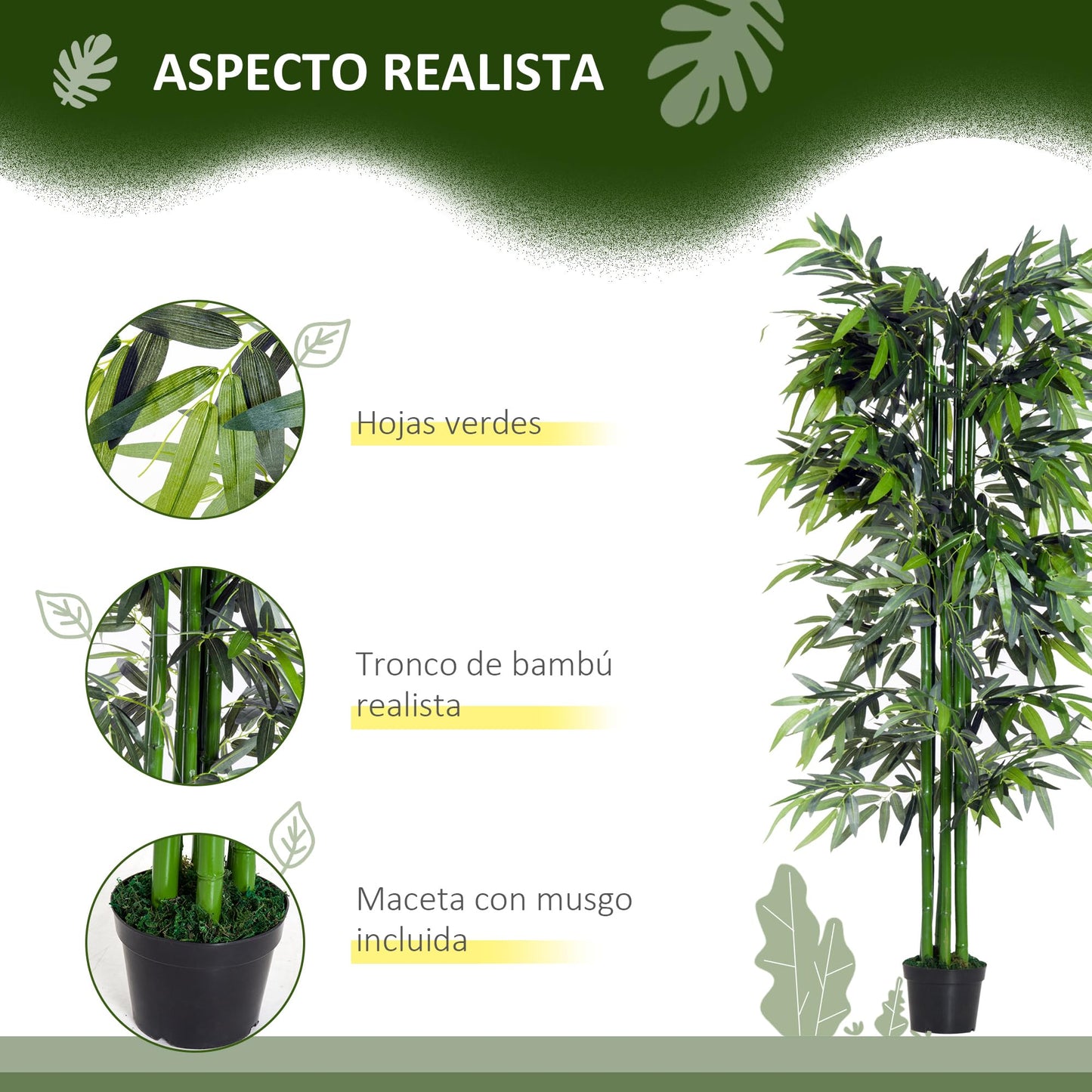 Outsunny Bambú Artificial 180 cm con Cañas Naturales Planta Artificial con Maceta Árbol Decorativo para Hogar Salón Oficina Verde