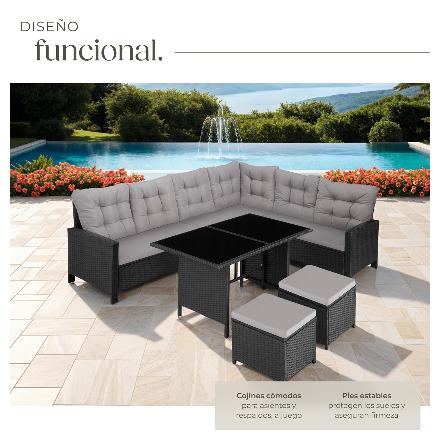 TecTake® Conjunto Jardín de Ratán con Mesa y Cojines, Conjunto Terraza Resistente a la Intemperie y Combinable, Muebles Jardín Exterior 5 Piezas, Sofá de Esquina, 2 Taburetes y 1 Mesa, Acero - Negro
