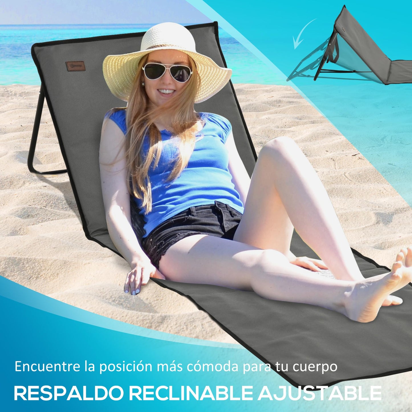Outsunny Conjunto de 2 Esterillas de Playa Plegable Esteras Acolchadas con Respaldo Reclinable y Bolsa de Transporte para Jardín 142x51x40 cm Gris