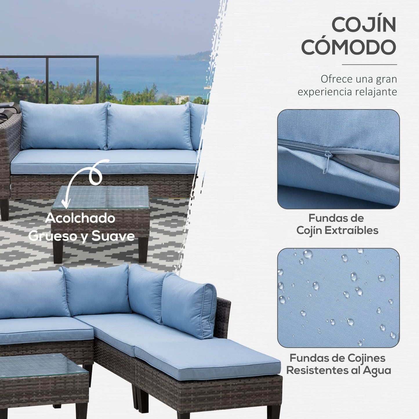 Outsunny Conjunto de Jardín de Ratán Sintético de 4 Piezas Muebles de Jardín con 2 Sofás de 2 Plazas 1 Mesa de Centro y Cojines Anti-UV para Patio Terraza Gris y Azul