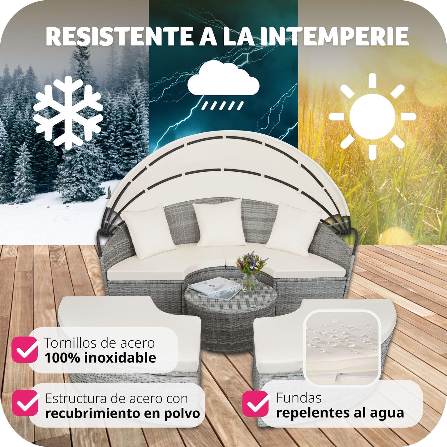 TecTake® Isla de Ratán con Cojines, Conjunto Jardín con Toldo Corredizo Plegable, Muebles Jardín Exterior con Estructura en Acero y Resistente a la Intemperie, Conjunto Terraza Combinable - Gris Claro