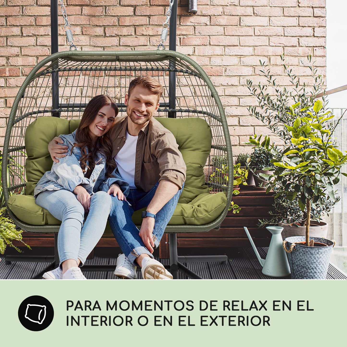 Blumfeldt Columpio Jardin Exterior Doble, Silla Colgante con Soporte para Colgar con Base para Jardín Patio y Dormitorio, Hamaca Colgante con 2 Cojines, Balancin Jardin Exterior Mimbre Resistente