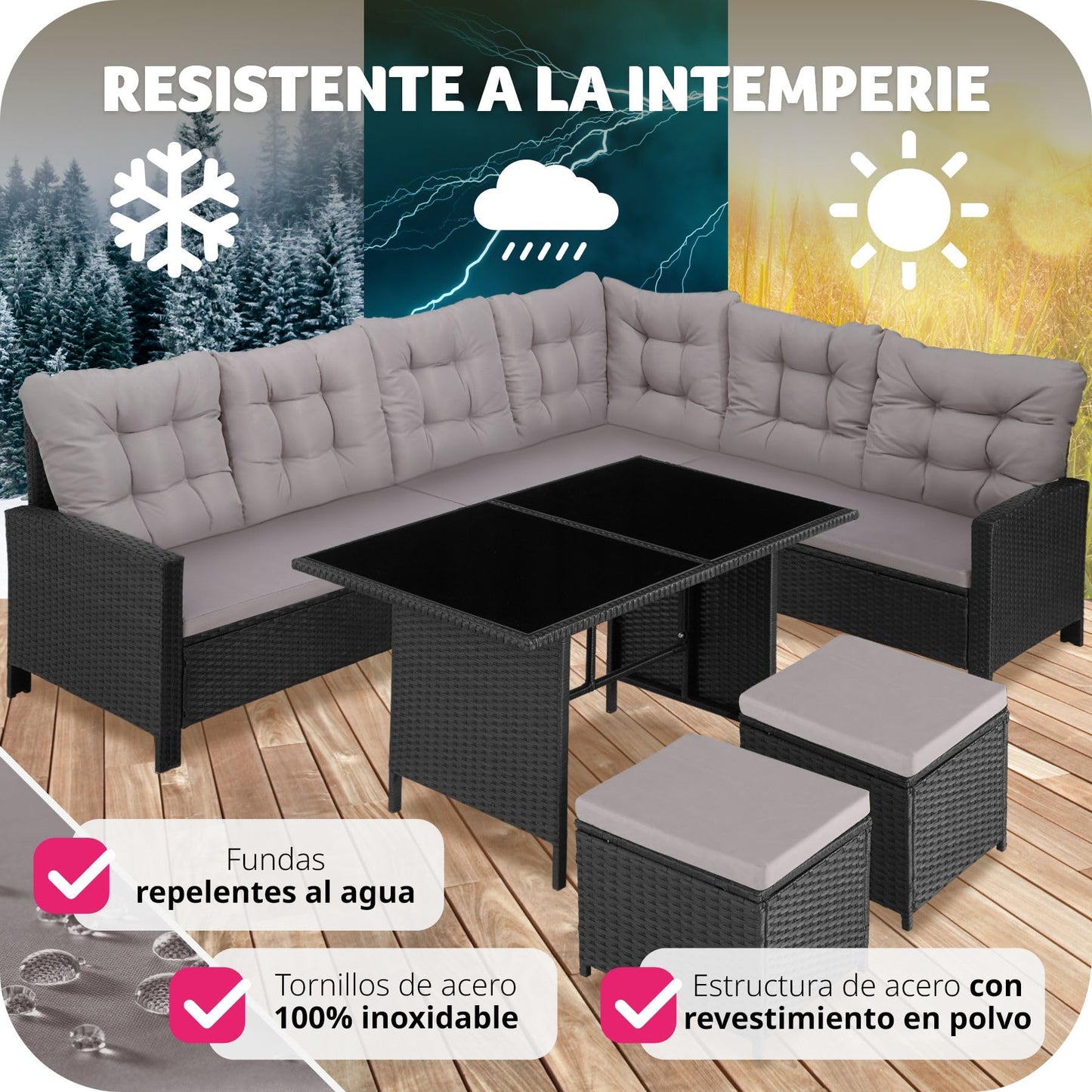 TecTake® Conjunto Jardín de Ratán con Mesa y Cojines, Conjunto Terraza Resistente a la Intemperie y Combinable, Muebles Jardín Exterior 5 Piezas, Sofá de Esquina, 2 Taburetes y 1 Mesa, Acero - Negro
