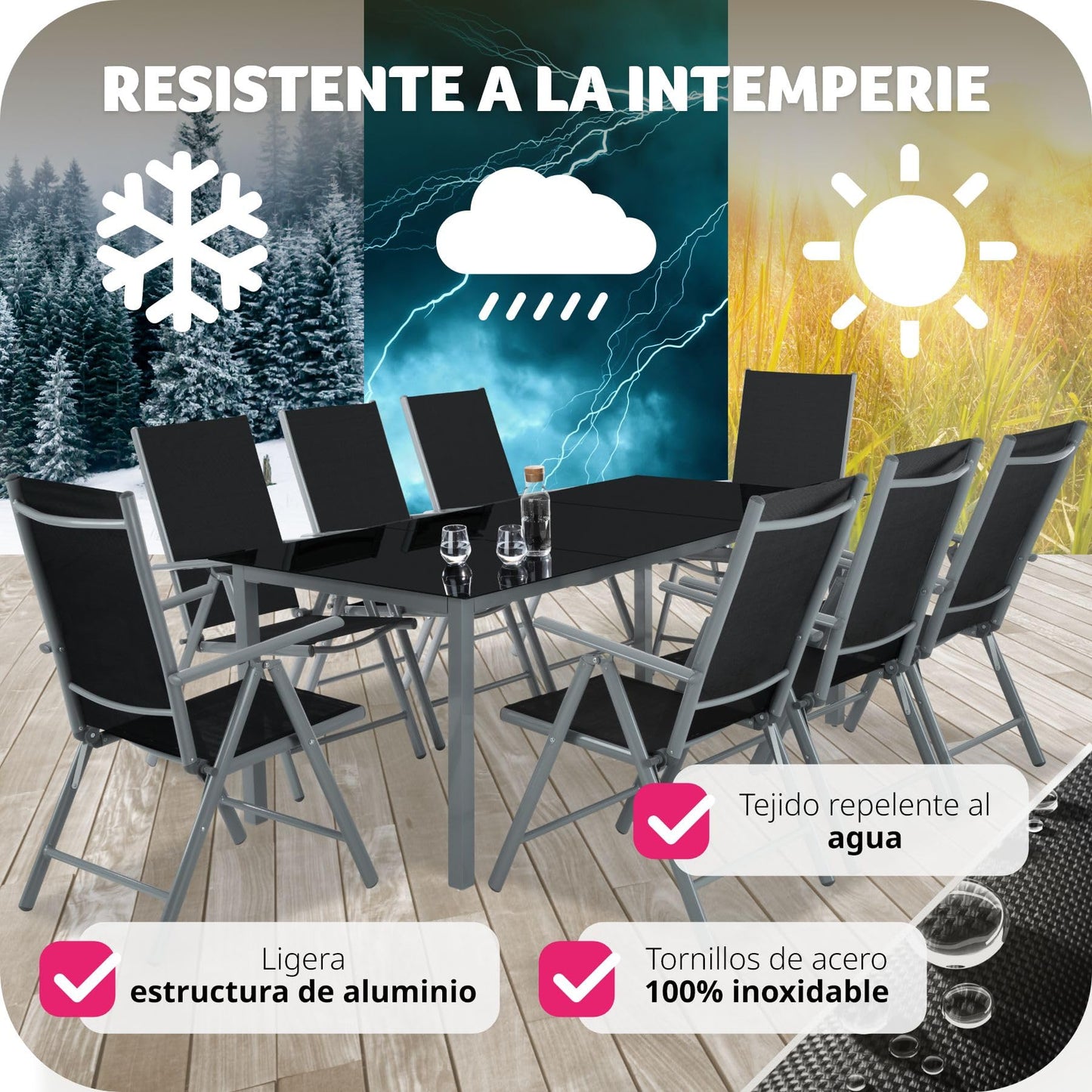 TecTake® Conjunto Muebles Jardín Exterior 9 Piezas, Estructura de Aluminio, Mesa y Sillas Terraza Impermeables, Resistentes a Intemperie, Sillas Plegables y Reclinables, Tela Transpirable - Plata