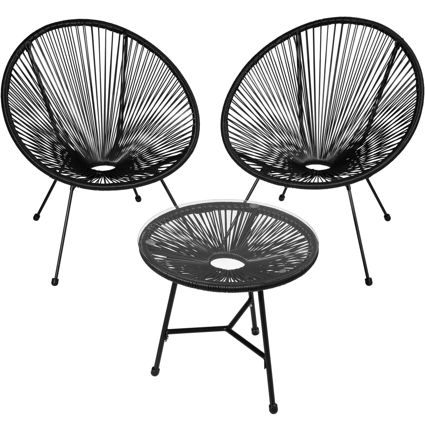 tectake® Conjunto Muebles Jardín Exterior de Acero, Estilo Acapulco, 2 Sillas y 1 Mesa con Cristal, Mesa y Sillas de Terraza Resistentes a Intemperie,Topes en Patas, para Interior y Exterior - negro