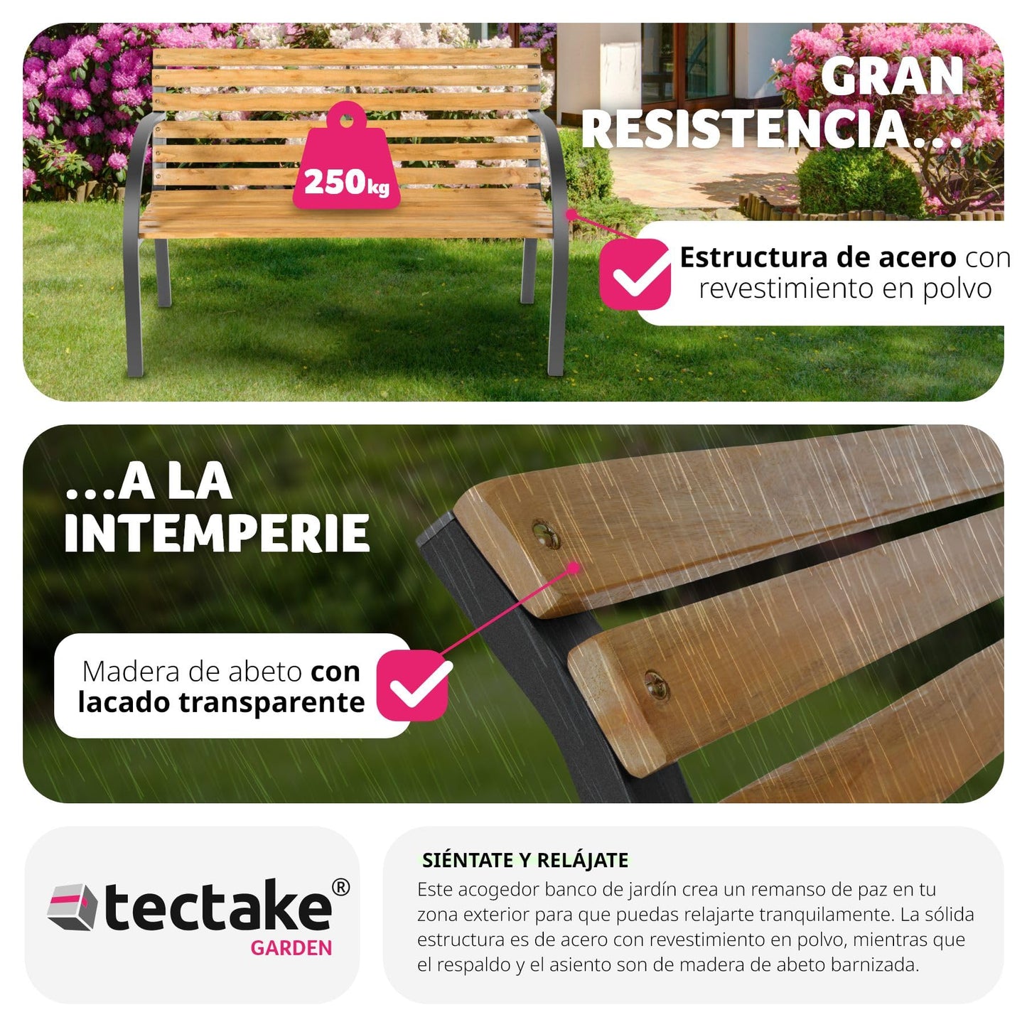 TecTake® Banco de Jardín Exterior, Madera Lacada y Hierro Fundido, Diseño Elegante, Resistente y Estable, Patio y Terraza - Tradicional