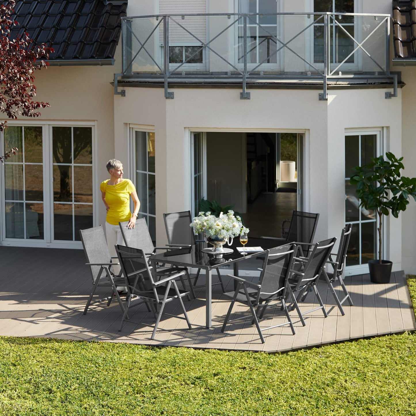 TecTake® Conjunto Muebles Jardín Exterior 9 Piezas, Estructura de Aluminio, Mesa y Sillas Terraza Impermeables, Resistentes a Intemperie, Sillas Plegables y Reclinables, Tela Transpirable - Plata
