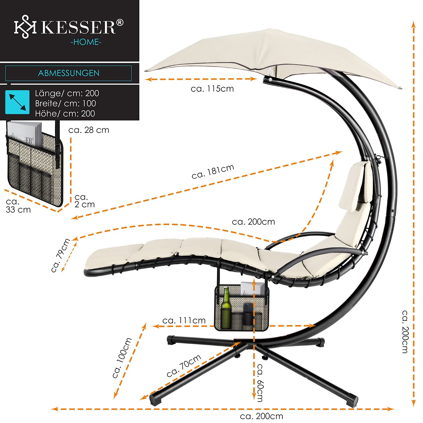 KESSER® Tumbona Flotante con Sombrilla | Hamaca Colgante Solar H200, L194, A100 cm | Reclinable Capacidad hasta 120 kg | Tumbona de Balanceo con Cojines y Almohada, Incluye Bolsa, Beige