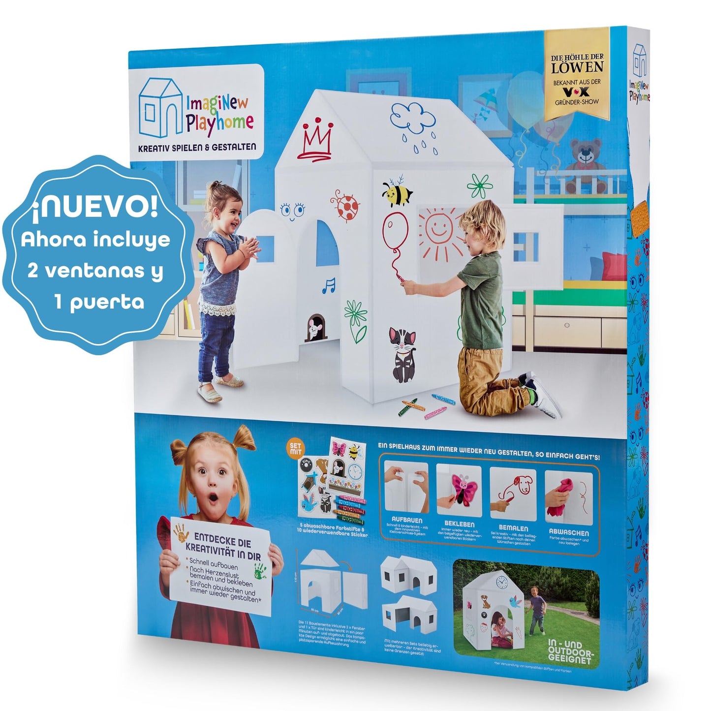 ImagiNew Playhome - Casita Infantil Exterior y Interior para Pintar y borrar - Jardin - Casa Montessori Juguetes niños 3- 7 años Tipi Juegos Realo niña y niño