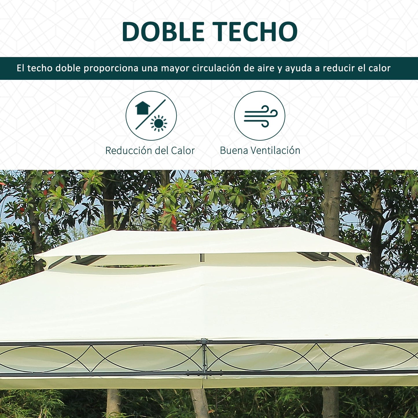 Outsunny Cenador de Jardín 4x3m Pabellón con Techo Doble Transpirable y 4 Cortinas Laterales Extraíbles Carpa de Acero Anti-UV Gazebo para Fiestas Bodas Eventos al Aire Libre Crema