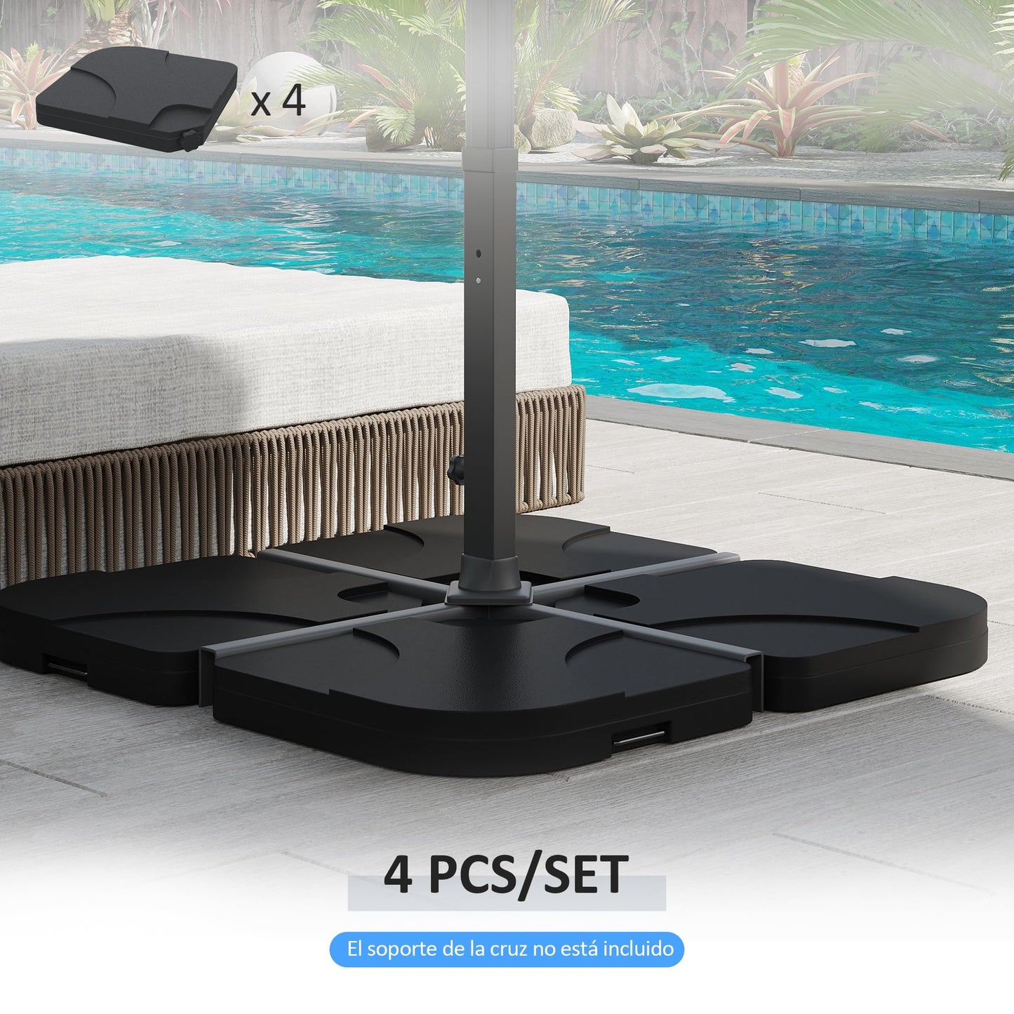 Outsunny Base de Sombrilla o Pie para Parasol Tipo Soporte de 4 Piezas de plástico 100x100x7,5 cm Negro