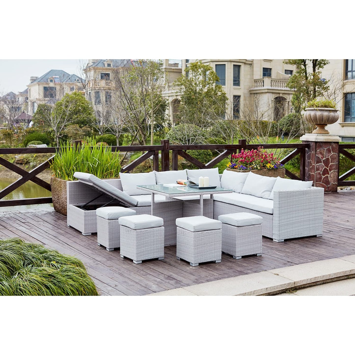 Concept-Usine | Mobiliario de Jardín Fidji, Resina Trenzada Color Gris para 10 Personas, Sofá Grandes con Asiento Reclinable, 4 Pufs y Almacenamiento. Mesa Alta con Vidrio Templado.