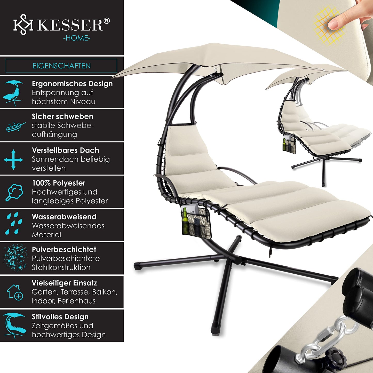KESSER® Tumbona Flotante con Sombrilla | Hamaca Colgante Solar H200, L194, A100 cm | Reclinable Capacidad hasta 120 kg | Tumbona de Balanceo con Cojines y Almohada, Incluye Bolsa, Beige