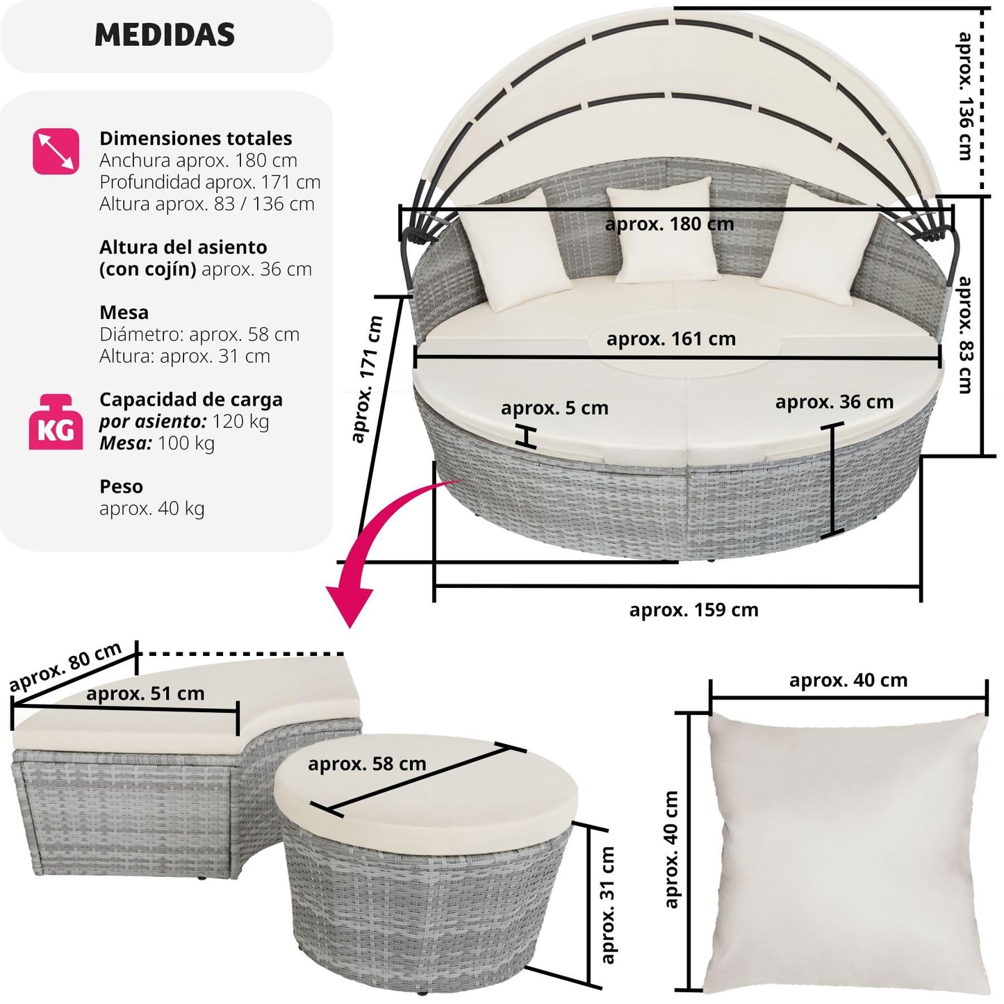 TecTake® Isla de Ratán con Cojines, Conjunto Jardín con Toldo Corredizo Plegable, Muebles Jardín Exterior con Estructura en Acero y Resistente a la Intemperie, Conjunto Terraza Combinable - Gris Claro
