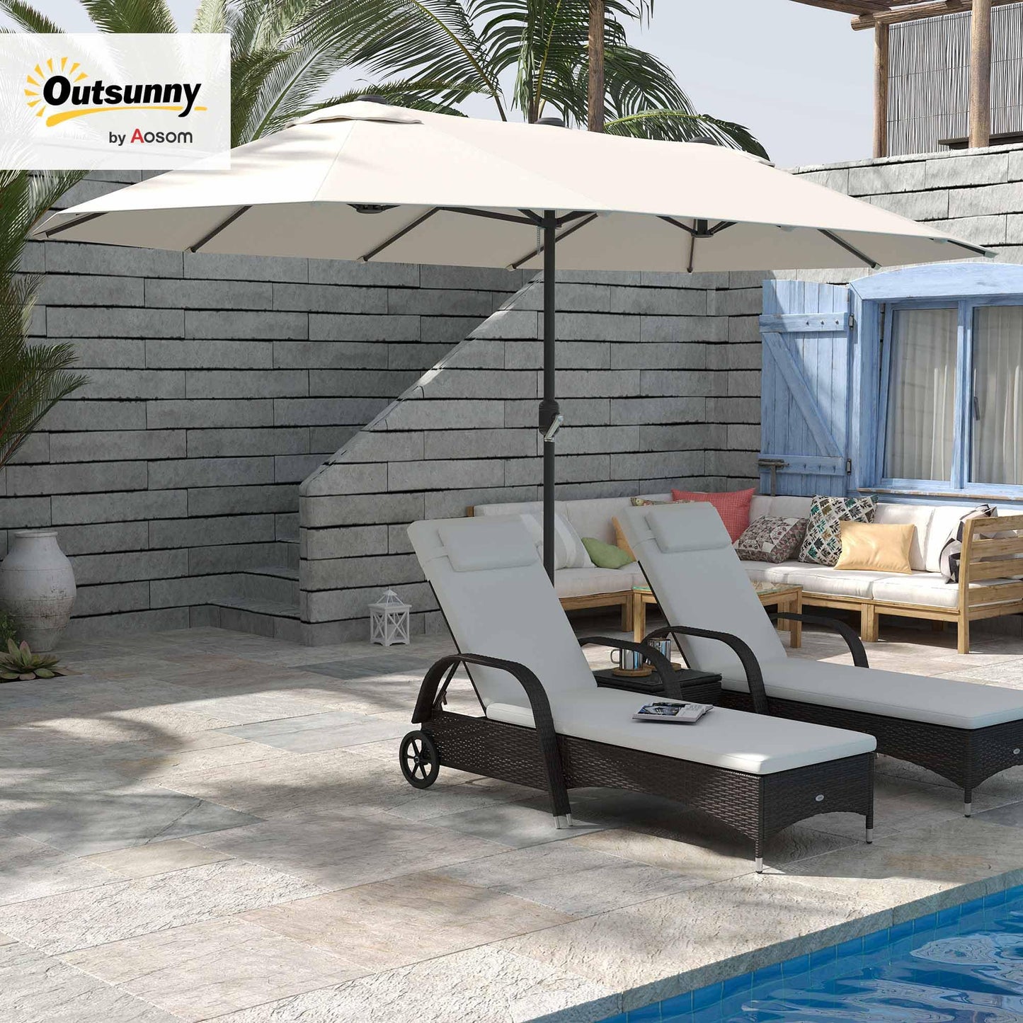 Outsunny Sombrilla Parasol Doble para Jardín 4,55x2,65x2,38 m Sombrilla Gigante Anti UV con Manivela para Exterior Patio Terraza Piscina Color Beige