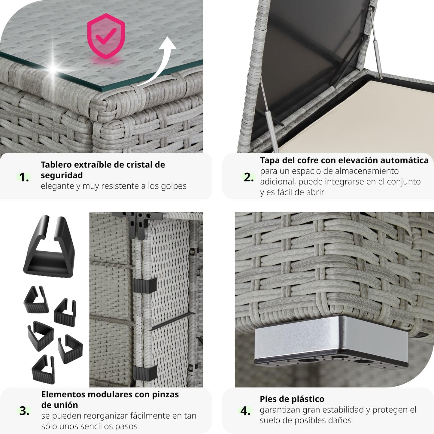 TecTake® Conjunto Jardín de Ratán, Muebles Jardín Exterior 5 Sillones, 1 Mesa Cristal, 1 Caja Almacenamiento, Conjunto Terraza Resistente a la Intemperie, con Cojines, Estructura en Acero - Gris Claro