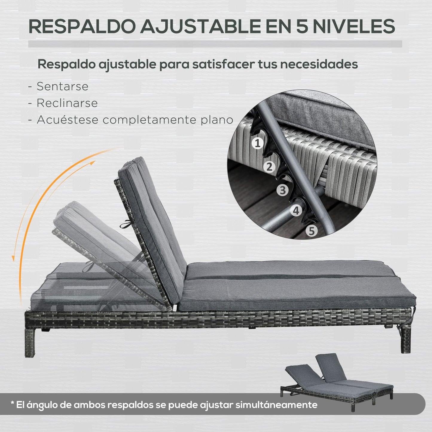 Outsunny Conjunto de Tumbona Exterior de Ratán 2 Plazas con Cojines Acolchados Resistente al Agua con Respaldo Regulable de 5 Niveles Soporta 220 kg 195x120x28 cm Gris