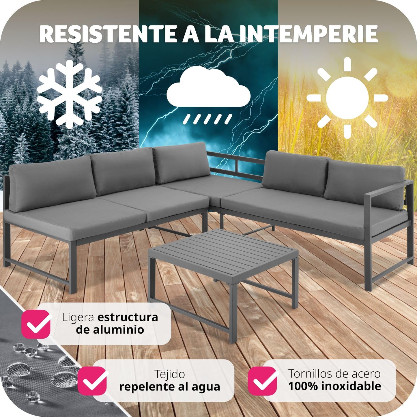 tectake® Conjunto Muebles Jardín Exterior Agrupables, 2 Sofás Reclinables con Cojines y 1 Mesa, Mesa y Sillas Terraza Impermeables y Resistentes a Intemperie, Estructura de Aluminio - Mesa con Láminas