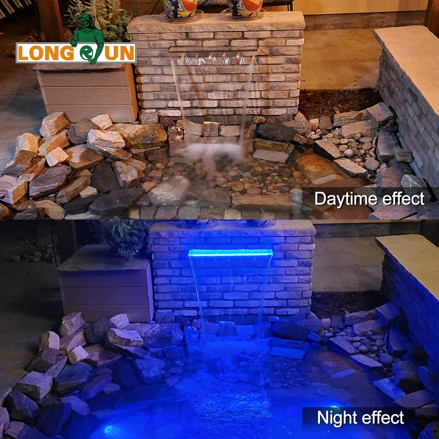 LONGRUN Aliviadero de Cascada Fuente de Piscina al Aire Libre con luz LED Multicolor, Kit de Fuentes de cascadas de Estanque Koi de aliviadero de Agua acrílica-30 cm x 20 cm x 10 cm