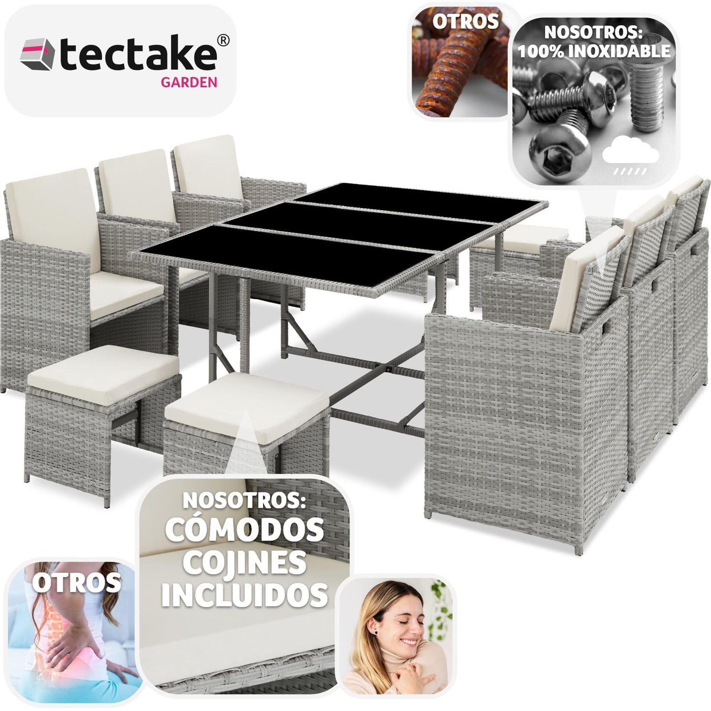TecTake® Conjunto Jardín Exterior de Ratán y Acero, Agrupable en Cubo, Muebles Jardín Exterior Resistente a la Intemperie, para 6-10 Personas, Fundas Extraíbles y Funda Protectora - Gris Claro