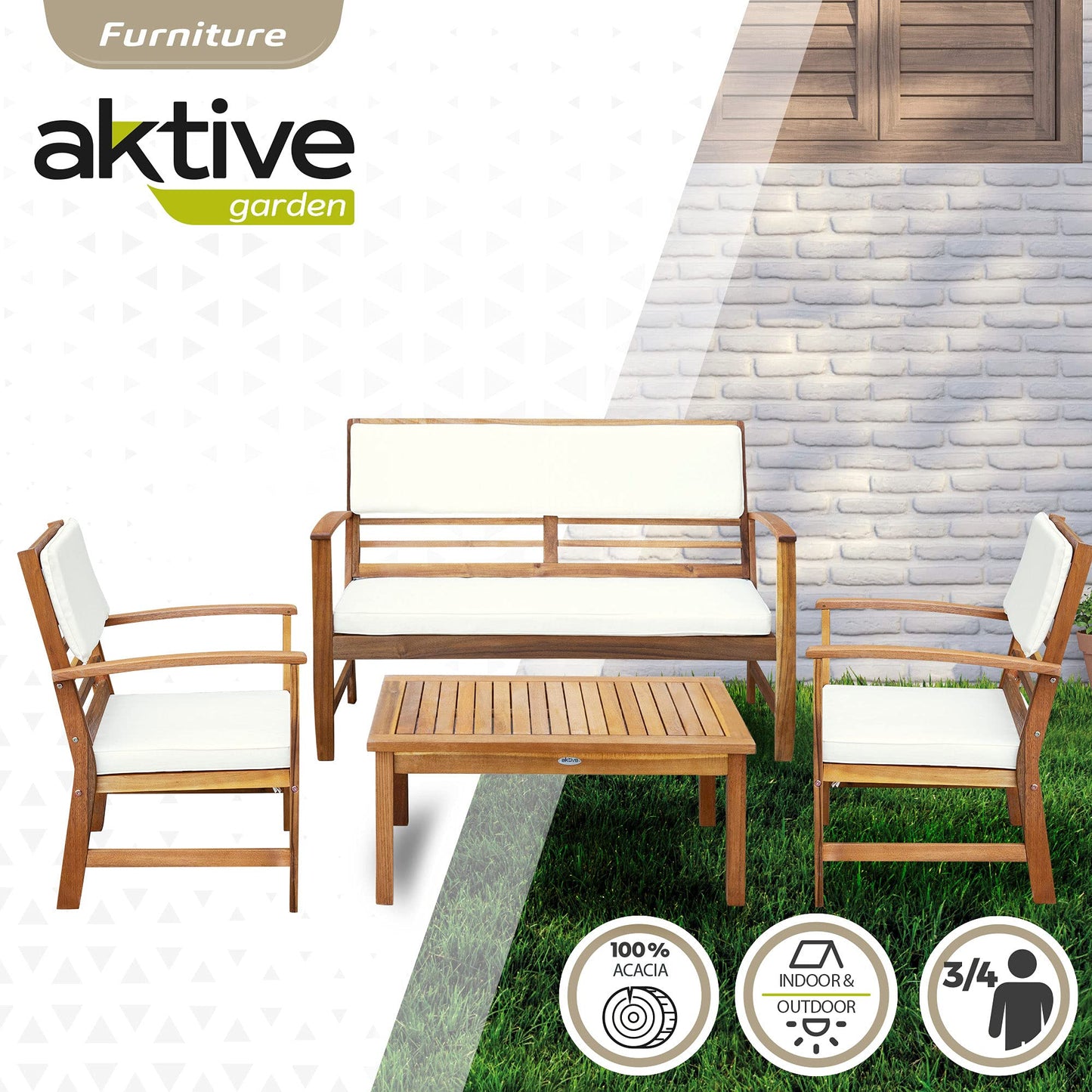 Aktive 61001 - Conjunto muebles de jardín, Conjunto muebles de madera, Muebles jardín, 1 mesa, 2 sillas, 1 banco, cojines color beige, Madera de acacia