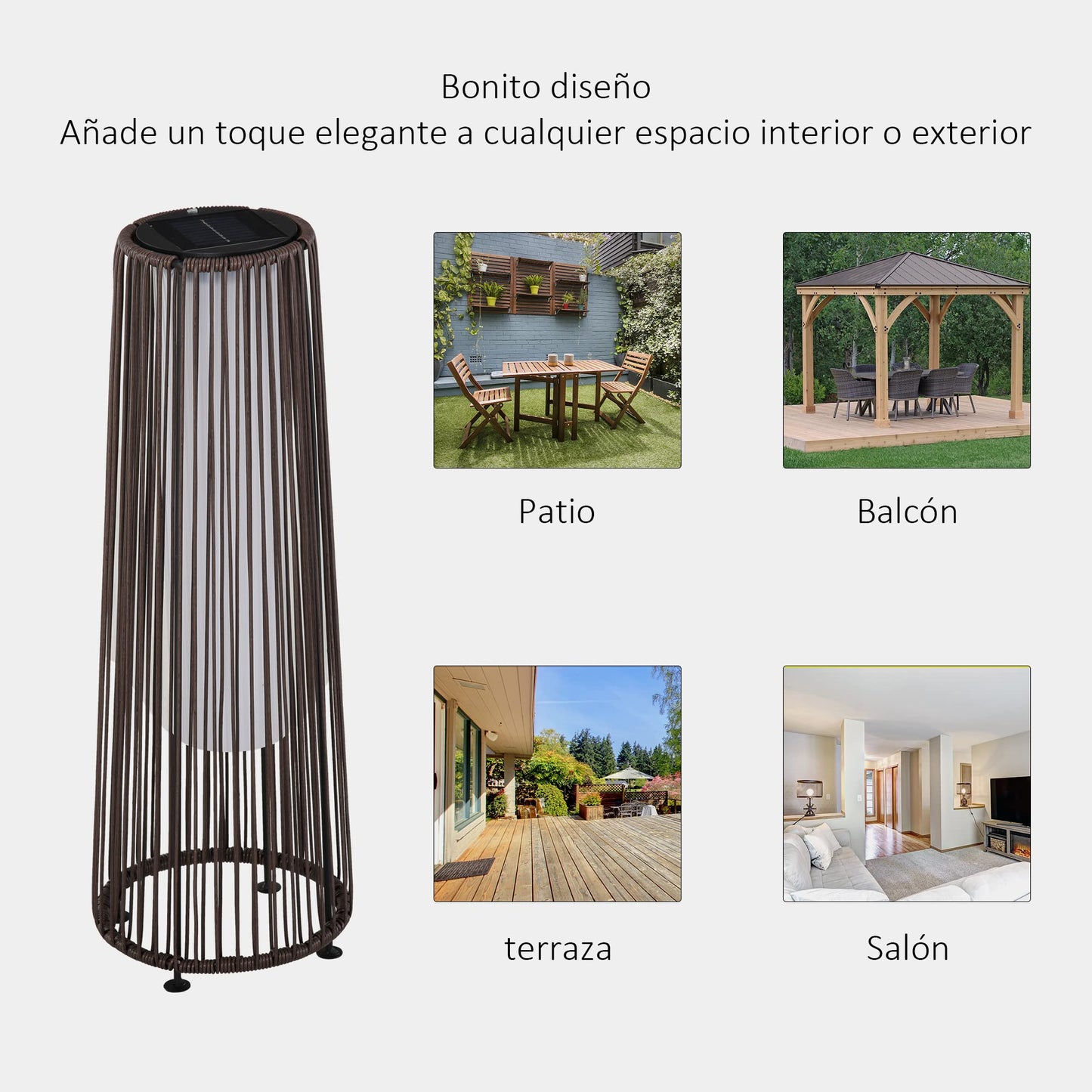 Outsunny Lámpara de Pie de Mimbre Ratán de Energía Solar con LED 0,8 W Interruptor de Control de Luz Automático Decoración para Exterior Ø21,5x61 cm Marrón