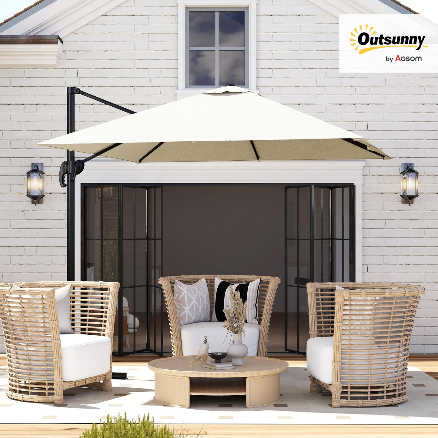 Outsunny Sombrilla de Jardín de Aluminio 245x245x245 cm Parasol Excéntrico con Manivela Giratorio 360° Inclinación de 5 Niveles Tela Desmontable Crema
