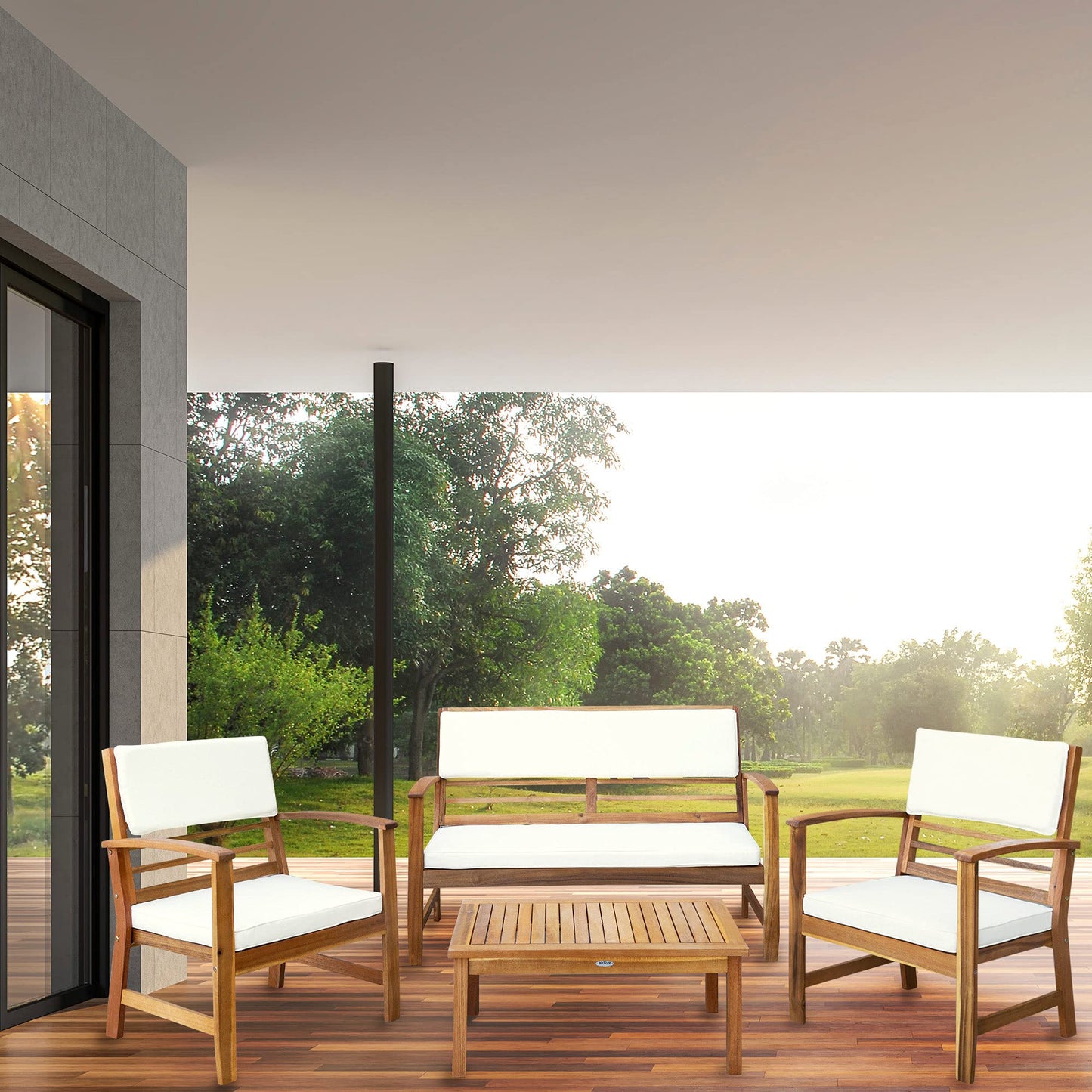 Aktive 61001 - Conjunto muebles de jardín, Conjunto muebles de madera, Muebles jardín, 1 mesa, 2 sillas, 1 banco, cojines color beige, Madera de acacia