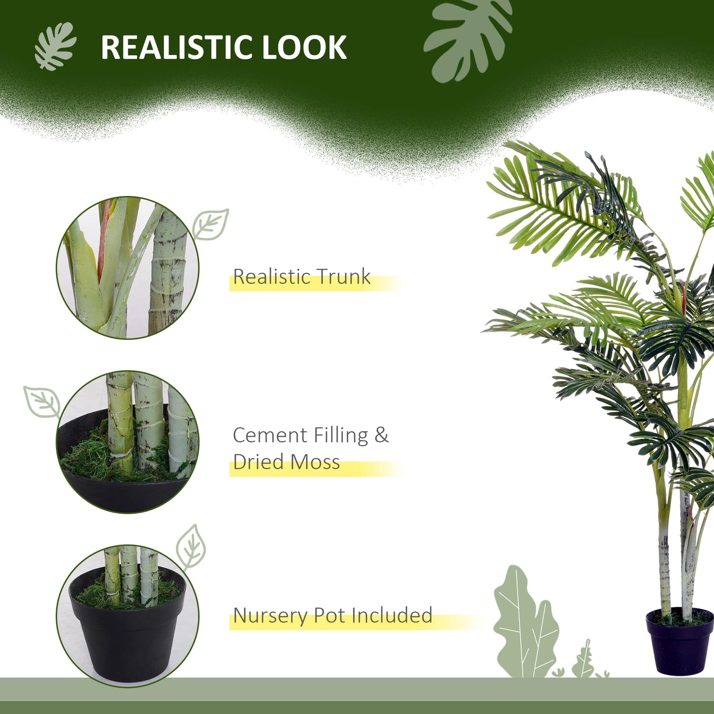 Outsunny Planta Artificial Palmera 150 cm Árbol Artificial con Maceta y Musgo para Decoración Interior Salón Oficina Balcón Ø18x150 cm Verde