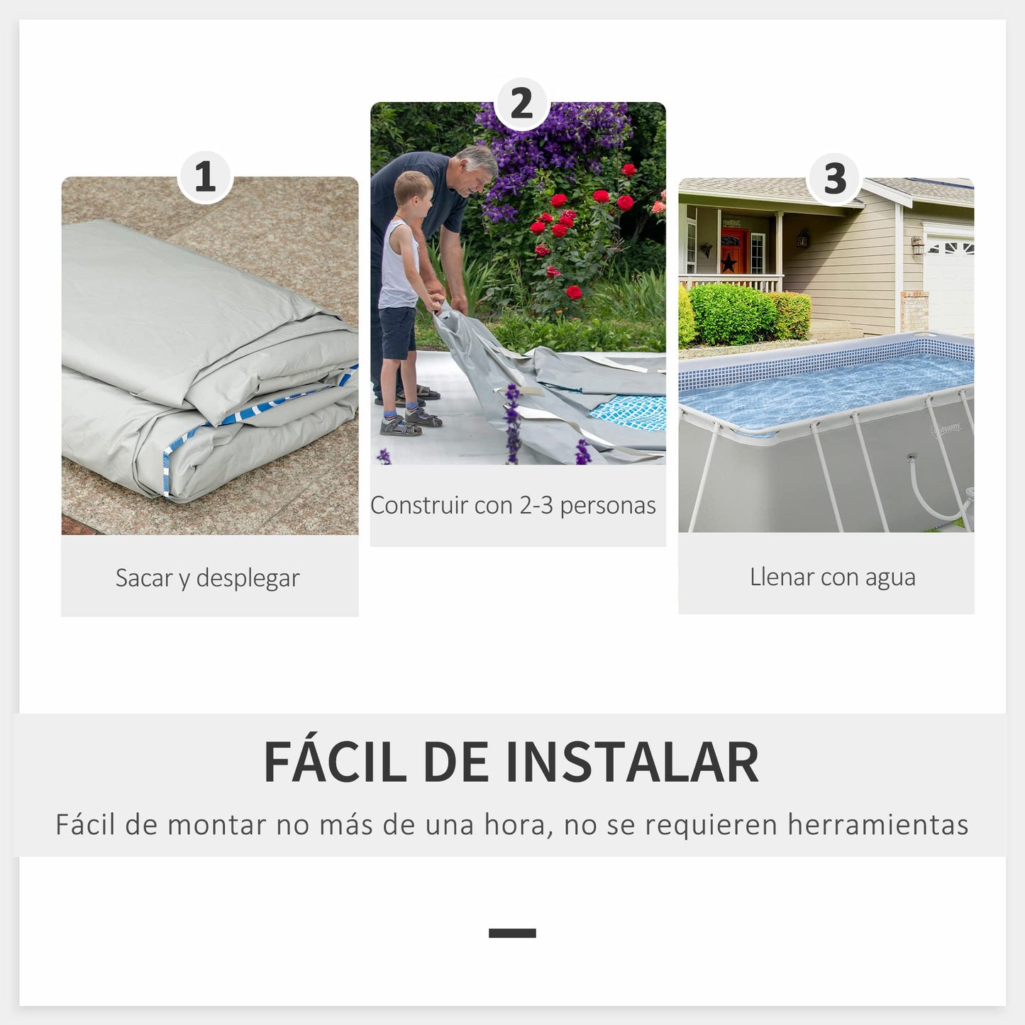Outsunny Piscina Desmontable 440x240x122 cm Piscina Rectangular de Exterior con Depuradora de Cartucho 4,000 L/H y Marco de Acero 9760 L Gris