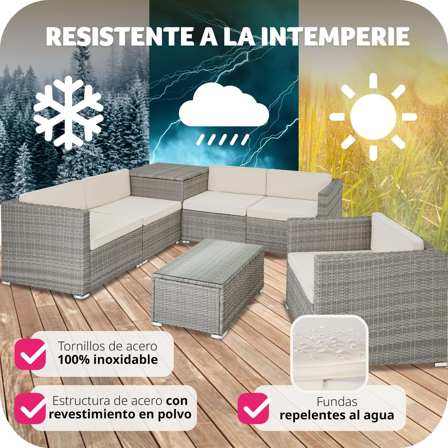 TecTake® Conjunto Jardín de Ratán, Muebles Jardín Exterior 5 Sillones, 1 Mesa Cristal, 1 Caja Almacenamiento, Conjunto Terraza Resistente a la Intemperie, con Cojines, Estructura en Acero - Gris Claro