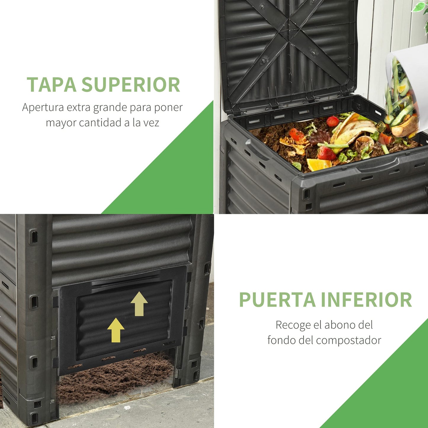 Outsunny Compostador Capacidad de 300L Compostera Orgánica para Producción Abono de Jardín Exterior con 48 Respiraderos 60,5x60,5x81,5 cm Negro