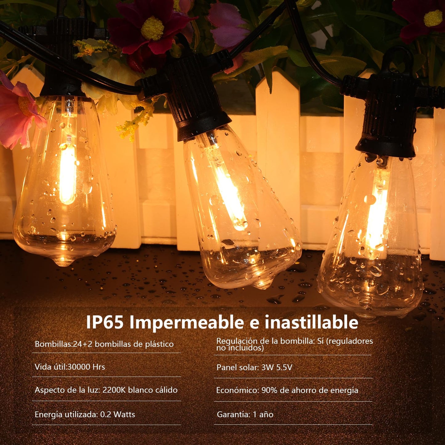 ZOTOYI Guirnaldas Luces Exterior Solar 15 Metros, ST38 Guirnaldas Luminosas de Exterior Solar con 24+2 LED Bombillas, 4 Modos Luz, IP65 Impermeable luces exterior solares para Jardín Fiesta Boda