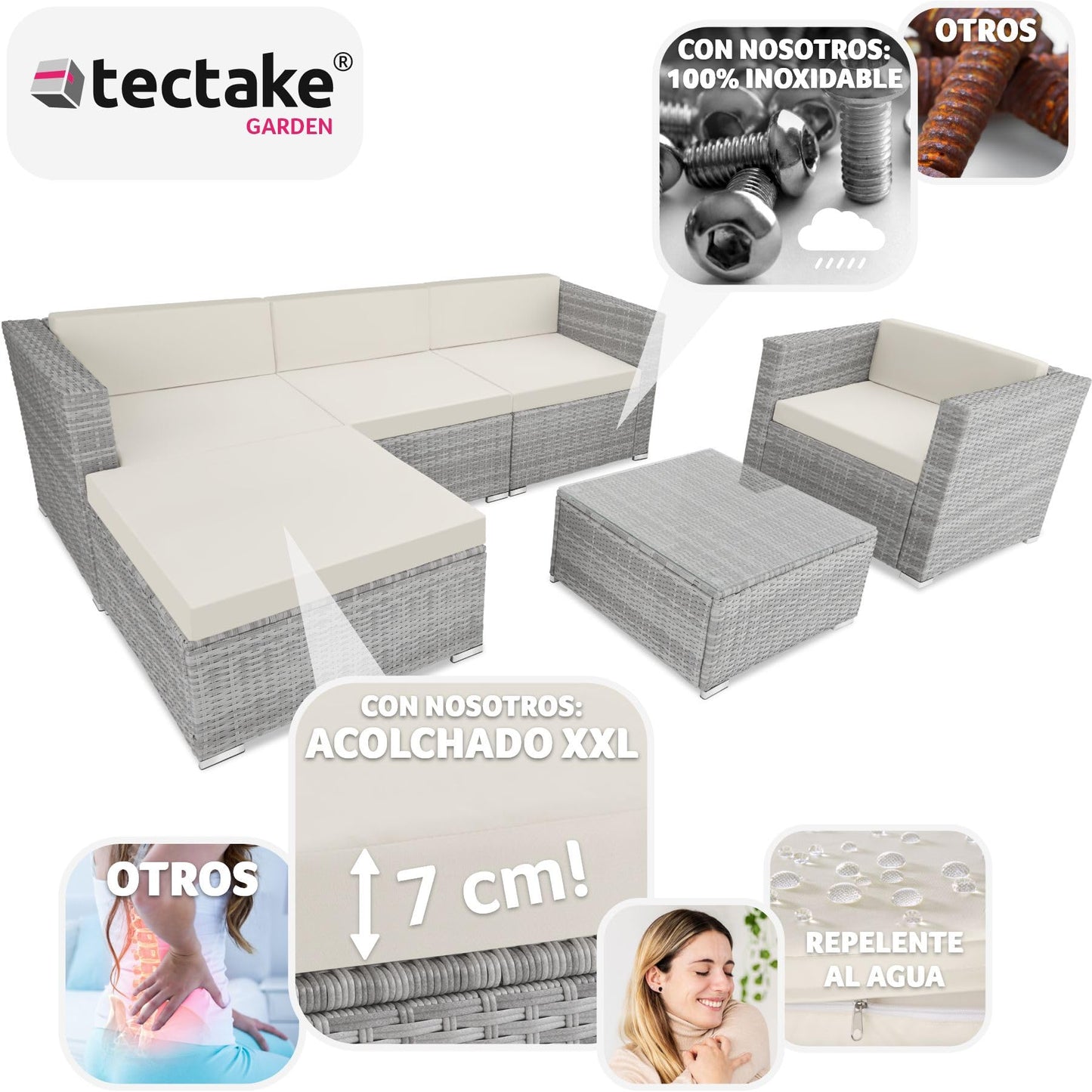TecTake® Conjunto Jardín de Ratán, Muebles Jardín Exterior 4 Sillones, 1 Mesa Cristal, 1 Sillón Puf, Conjunto Terraza Resistente a la Intemperie, con Cojines, Modular, Estructura en Acero - Gris Claro