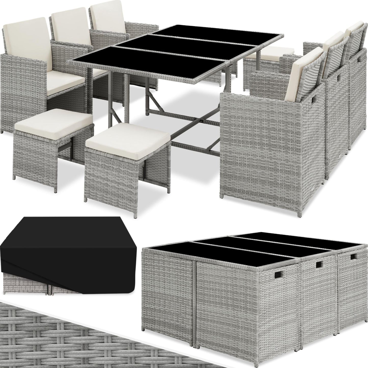 TecTake® Conjunto Jardín Exterior de Ratán y Acero, Agrupable en Cubo, Muebles Jardín Exterior Resistente a la Intemperie, para 6-10 Personas, Fundas Extraíbles y Funda Protectora - Gris Claro