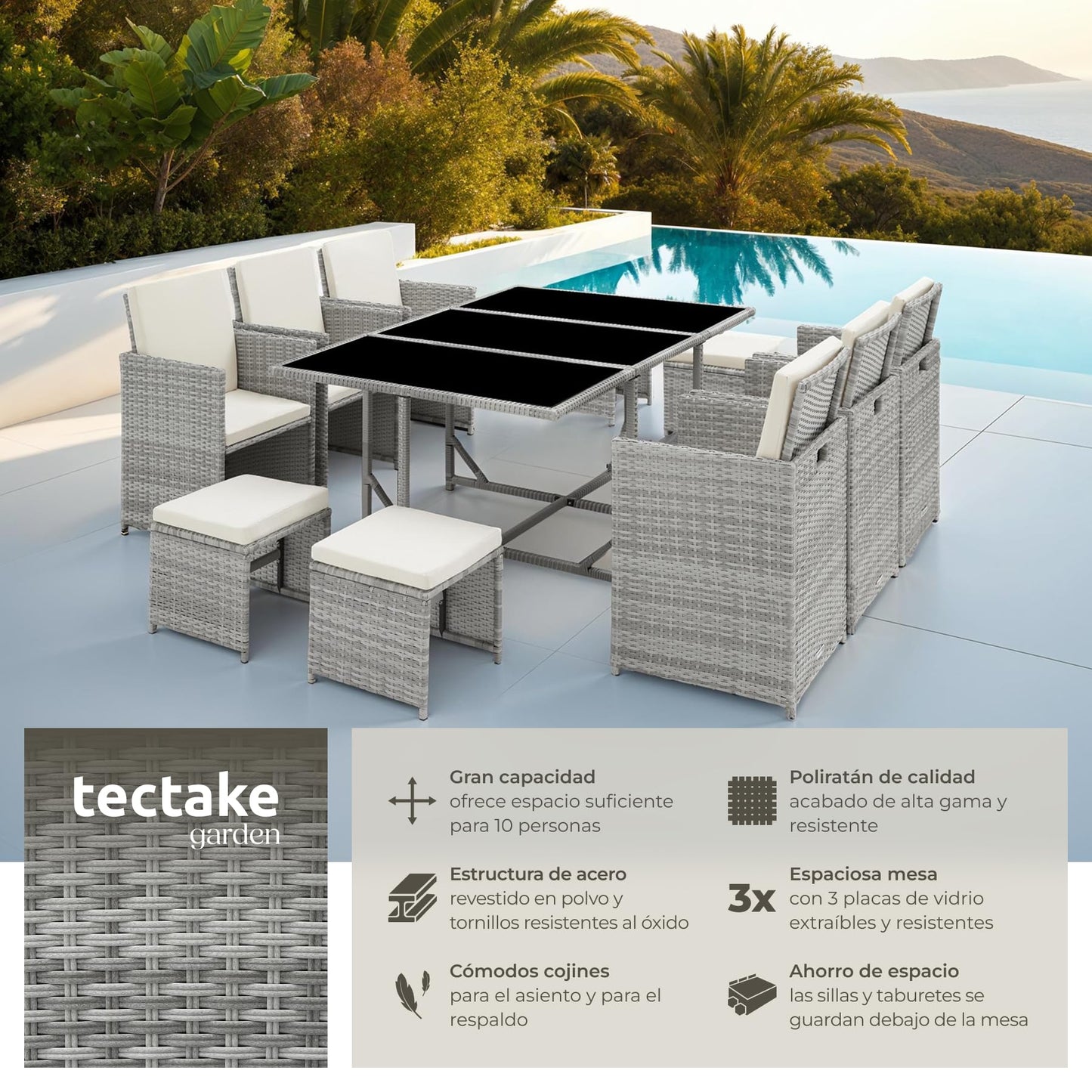 TecTake® Conjunto Jardín Exterior de Ratán y Acero, Agrupable en Cubo, Muebles Jardín Exterior Resistente a la Intemperie, para 6-10 Personas, Fundas Extraíbles y Funda Protectora - Gris Claro