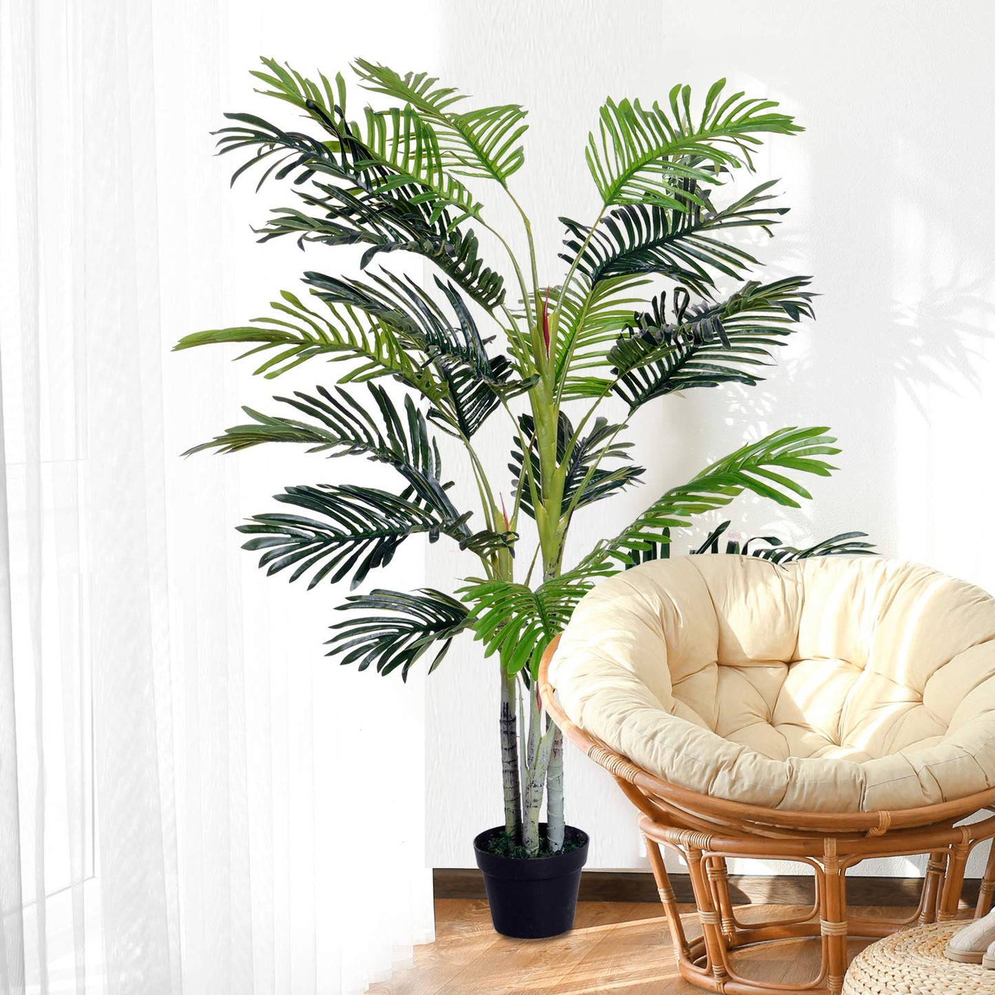 Outsunny Planta Artificial Palmera 150 cm Árbol Artificial con Maceta y Musgo para Decoración Interior Salón Oficina Balcón Ø18x150 cm Verde