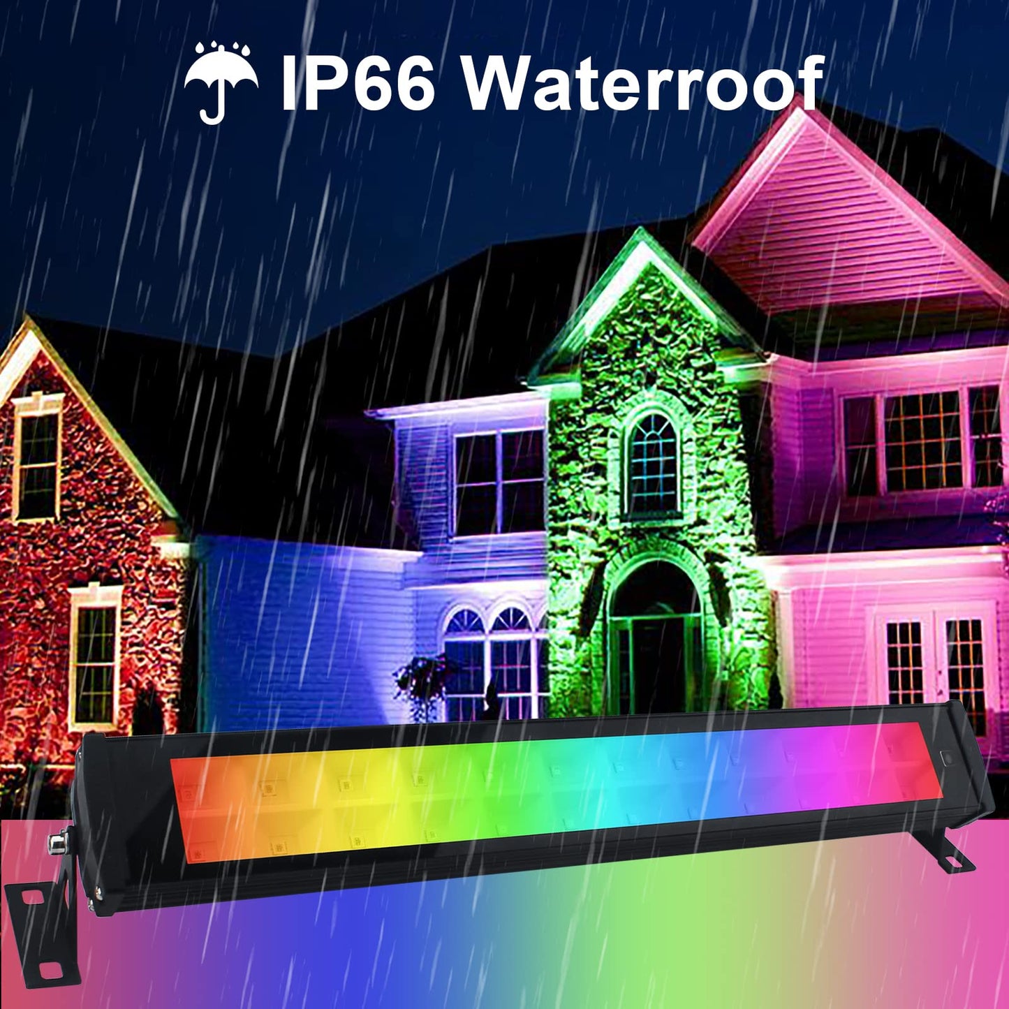 Foco LED RGB Exterior 50W, Indmird 2 Piezas Luz LED RGB de Pared con APP Bluetooth y Control Remoto, IP66 Impermeable Barras de Luz RGB de 16 Colore Proyector LED Para Interior Jardín Fiesta Halloween