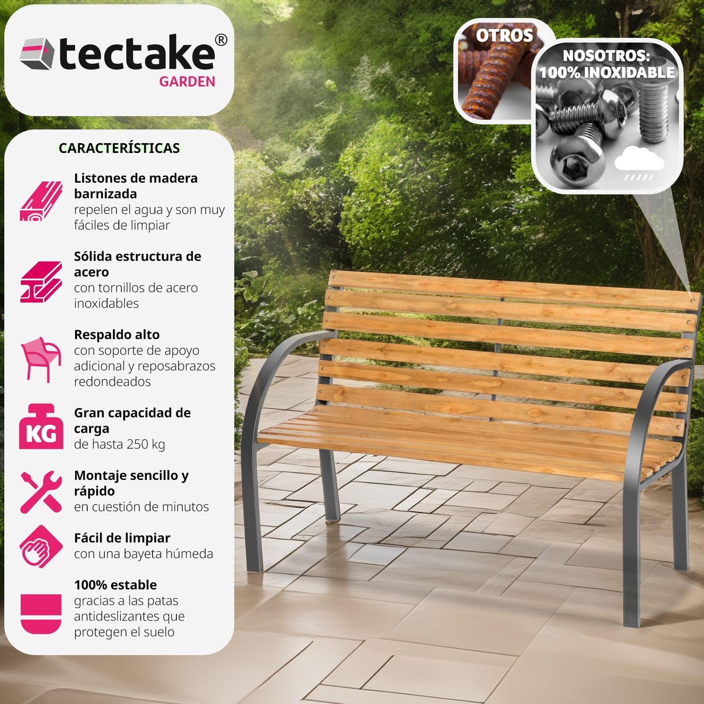TecTake® Banco de Jardín Exterior, Madera Lacada y Hierro Fundido, Diseño Elegante, Resistente y Estable, Patio y Terraza - Tradicional