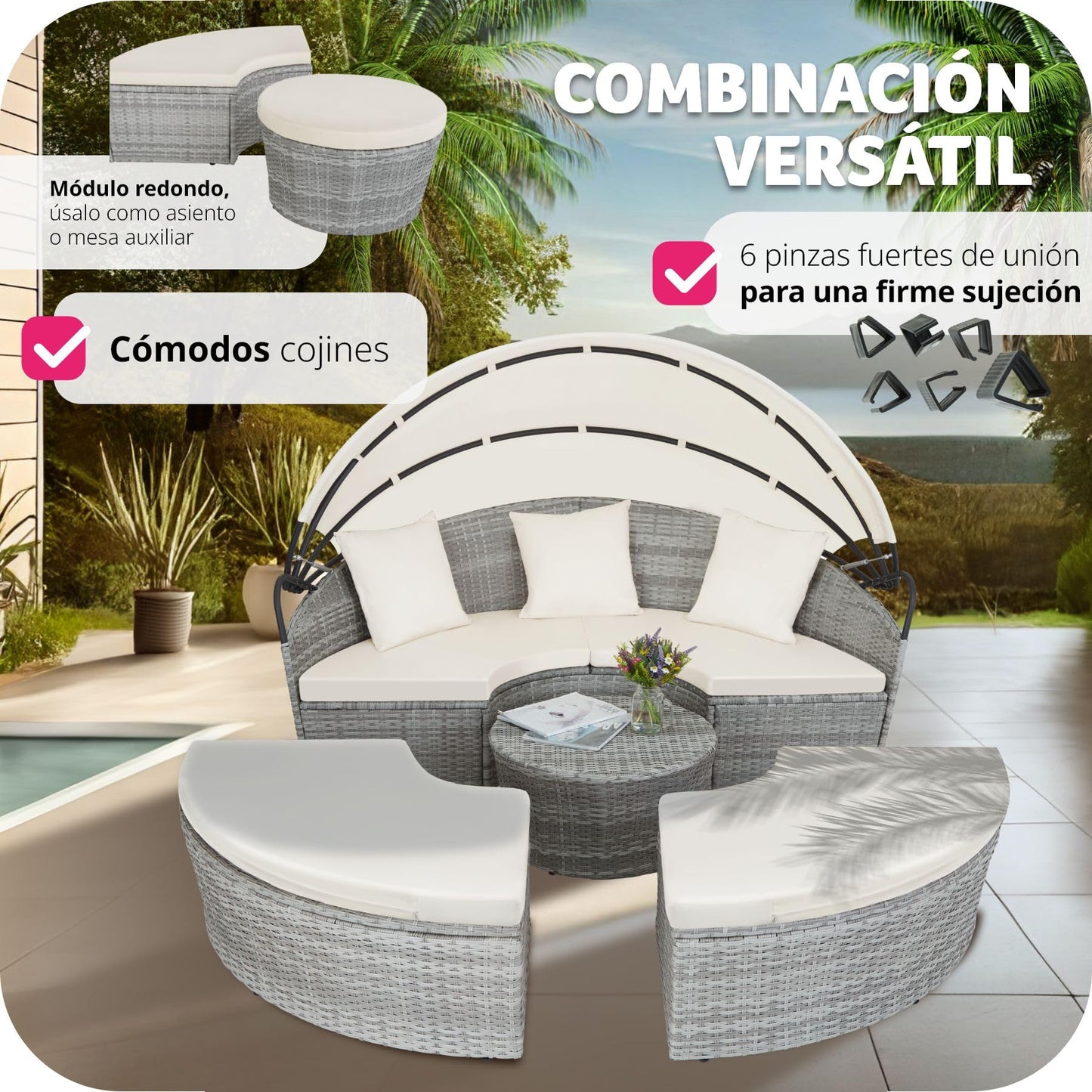 TecTake® Isla de Ratán con Cojines, Conjunto Jardín con Toldo Corredizo Plegable, Muebles Jardín Exterior con Estructura en Acero y Resistente a la Intemperie, Conjunto Terraza Combinable - Gris Claro