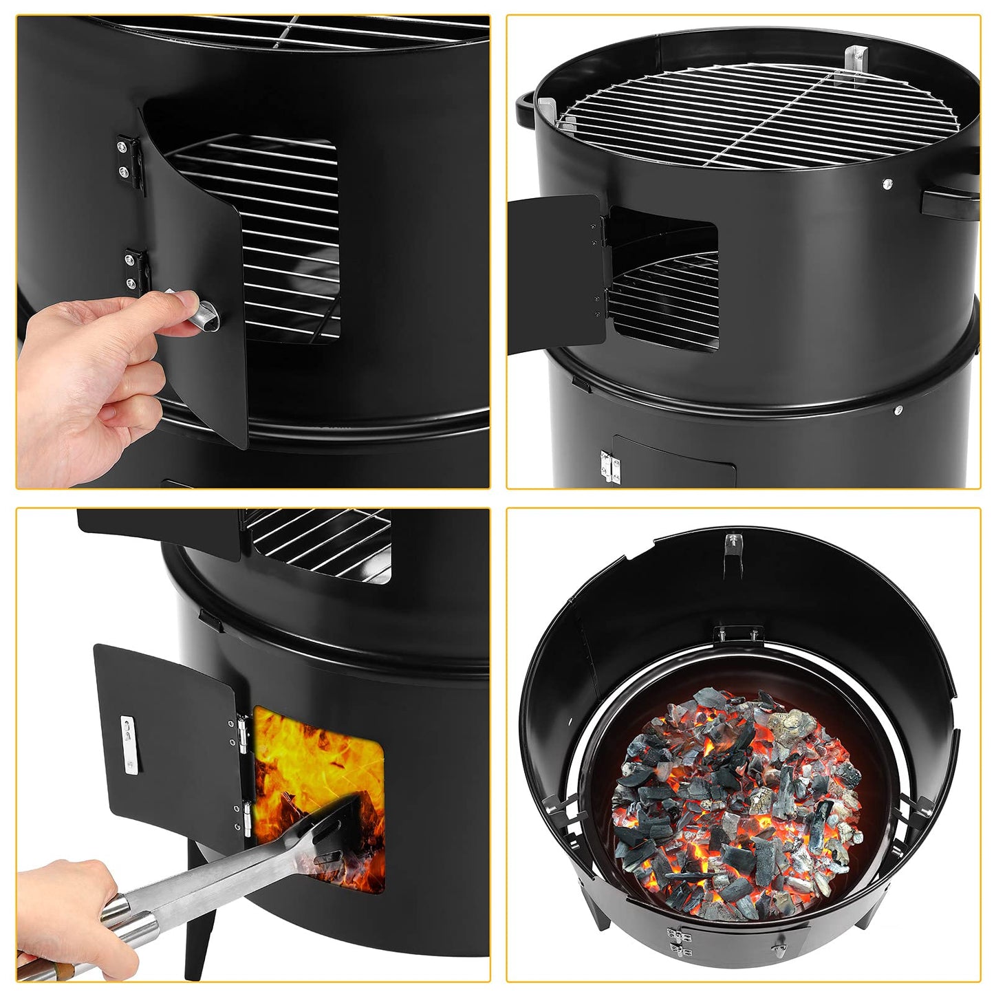 Gardebruk Barbacoa Ahumador de Carbón 3en1 Barril de Parrilla con Termómetro Plegable Horno para Ahumar Grill