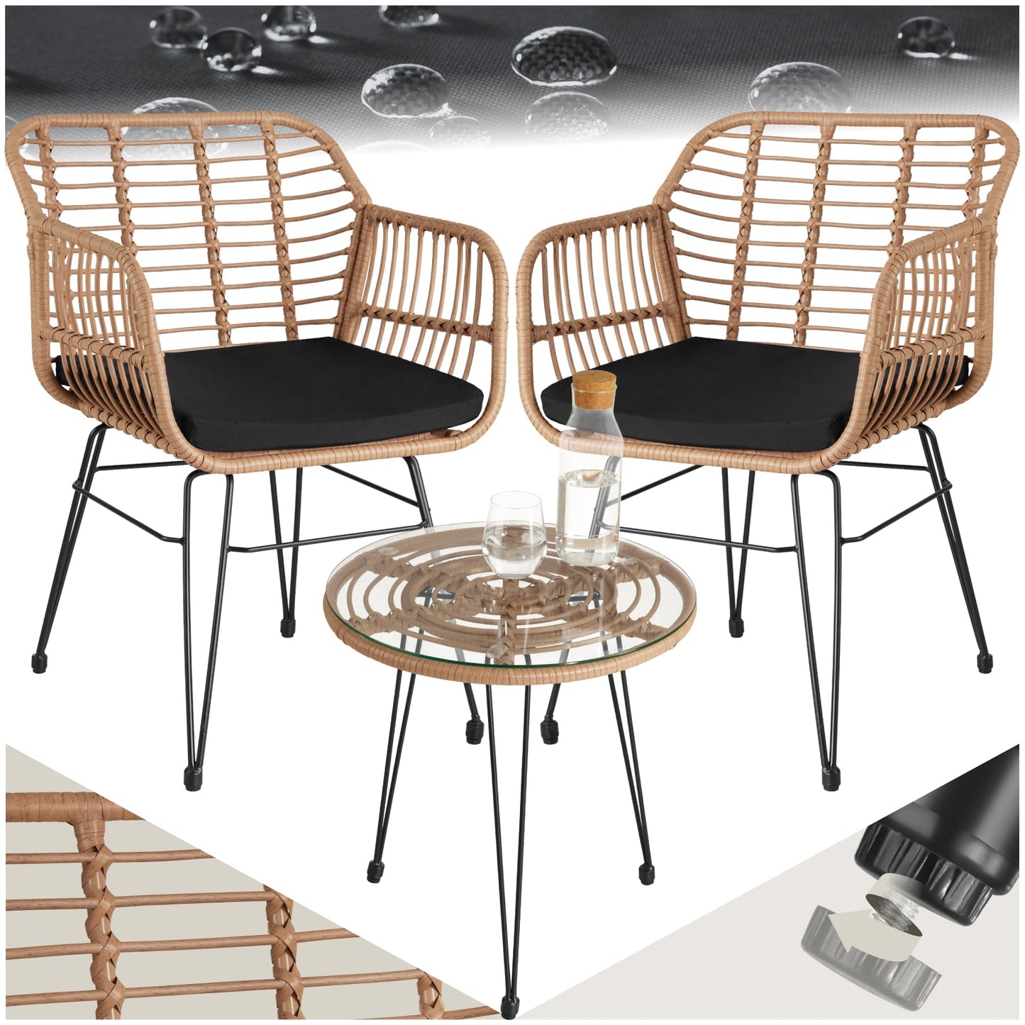 TecTake® Conjunto Jardín Exterior de Ratán y Acero para 2 Personas, Muebles Jardín Exterior Resistentes a Intemperie, 2 Sillas con Cojines (Fundas Extraíbles), 1 Mesa con Cristal - Natural